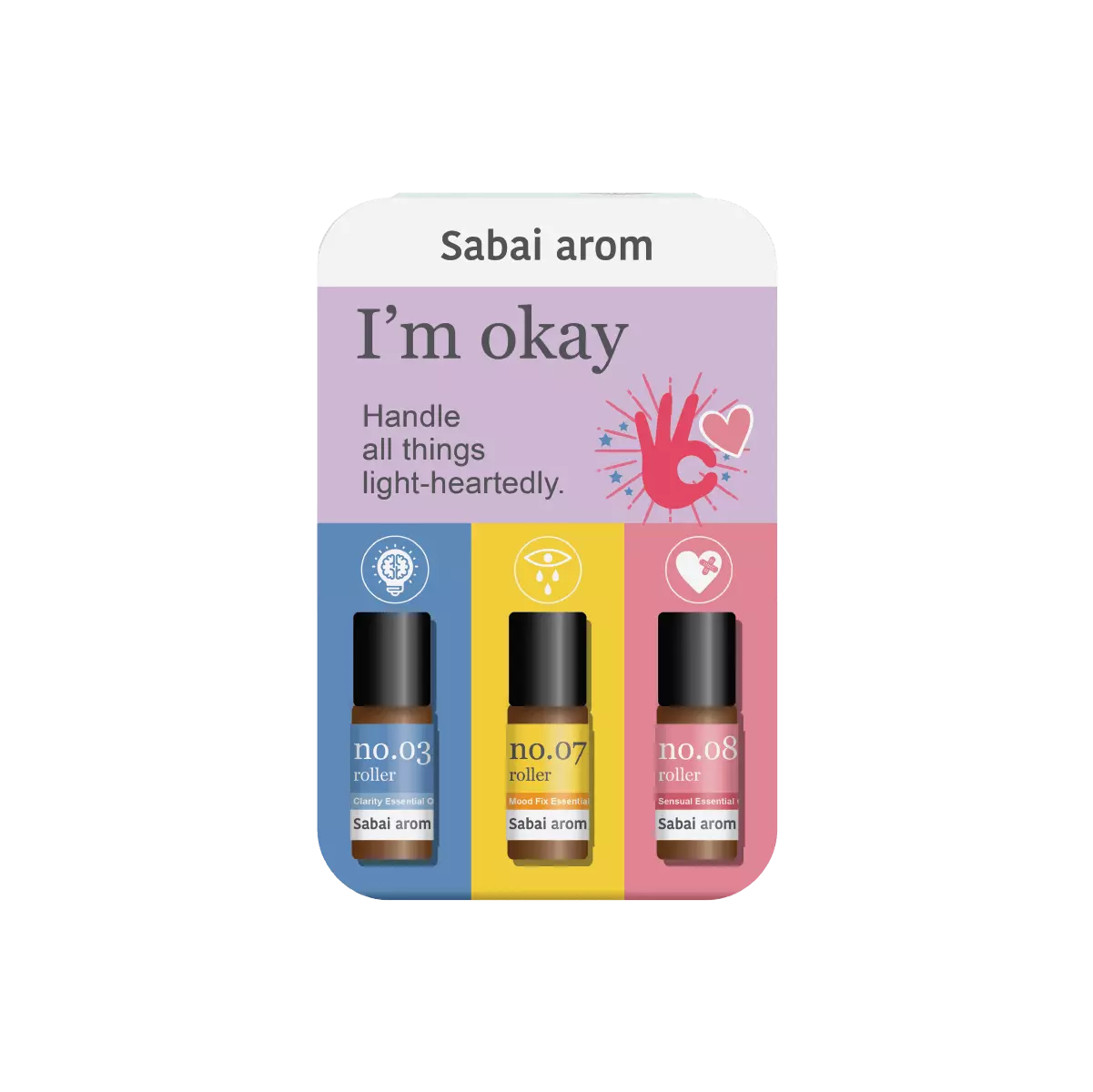 im okay petite trio 1 <h2>The power of essential oils in mini sizing with 3 different blends</h2> <strong>No.03</strong> With the soul essences of plants distilled from Rosemary, Bergamot, Peppermint, Lemon and Lavender, to dilute thinking blockage and inspire mental clarity. <strong>No.07</strong> With the soul essences of plants distilled from Lemon, Grapefruit, Lime, Cornmint, Eucalyptus and Sweet Orange, to connect exhausted mind to the full liveliness. <strong>No.08</strong> With the soul essences of plants distilled from Geranium, Bergamot, Eucalyptus, Chamomile, Cedarwood, to unlock wounded heart from emotional cage.