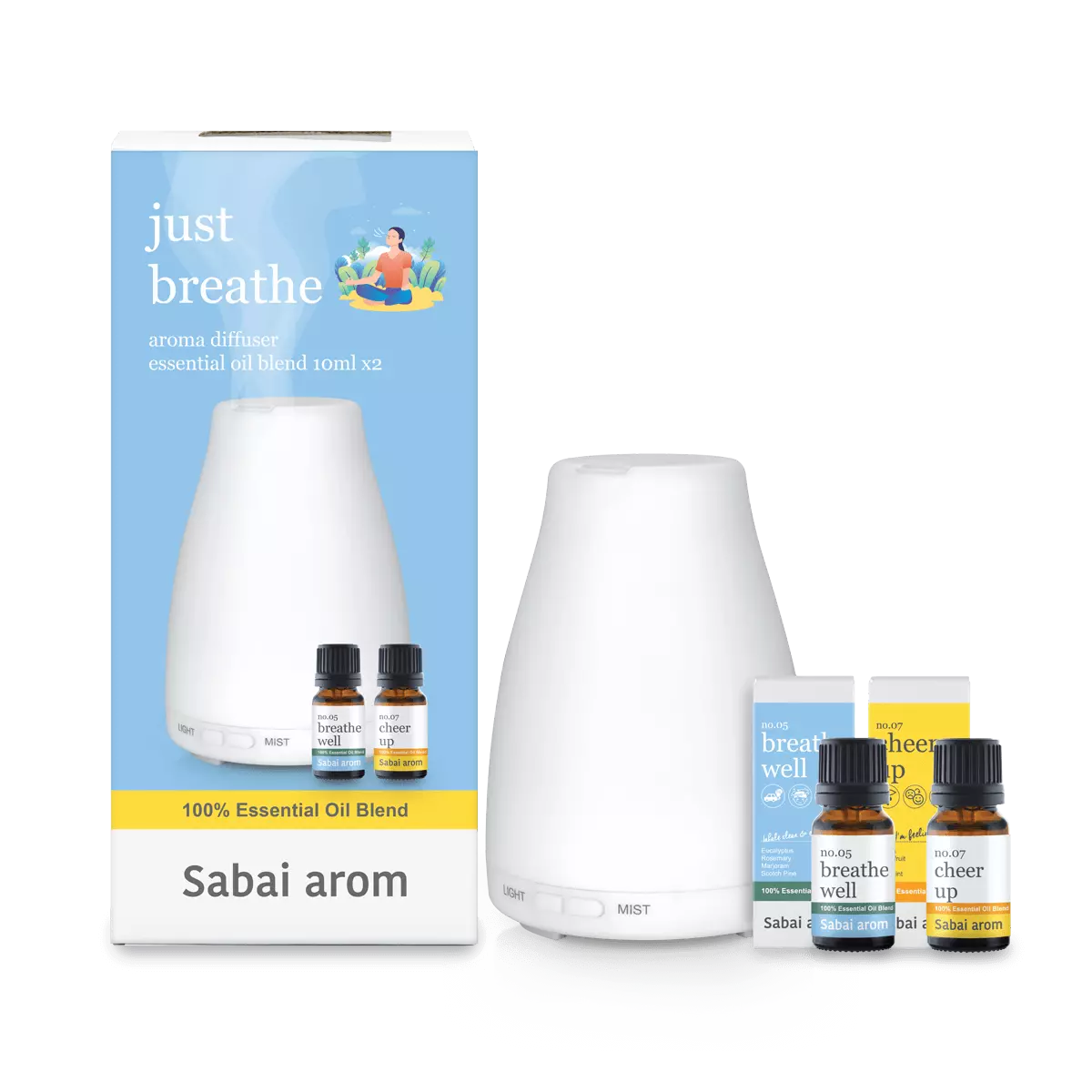 just breathe aroma diffuser1 <h2>Set of Aroma Diffuser with 2 Essential Oils Blend</h2> • Aroma Diffuser 100 ml. • No.05 Breathe well essential oil blend 10 ml. • No.07 Cheer up essential oil blend 10 ml.
