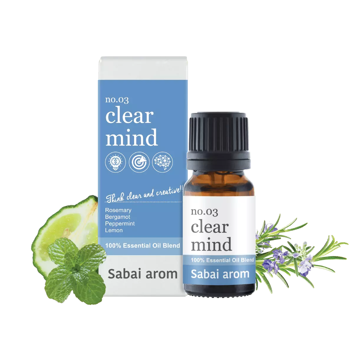 essential oil no03 clear mind <h2>The blends is crafted to help you dilute thinking blockage.</h2> Clear Mind sets blend with the front row of tension-withdrawn Rosemary coupled with deep relaxing Lavender and accumulated positivity of Bergamot and Lemon undertones. It is a light-headed blend that reflects a picture of heart-awrming room filled with tender light and linen curtains fluttering upon the wind, as mild sunlight penetrates gently to touch every inches. The blends is crafted to help you dilute thinking blockage and foster creative and sharp mind so that you can bring out the fullest potentials of being who you are. <strong>Scent</strong> : A herbal gladness of Rosemary coupled with cooling delight of Peppermint, liveliness of Bergamot and Lemon and laid-back Lavender like a promenade in a herbal garden during winter, making you feel relaxed and freely cool.