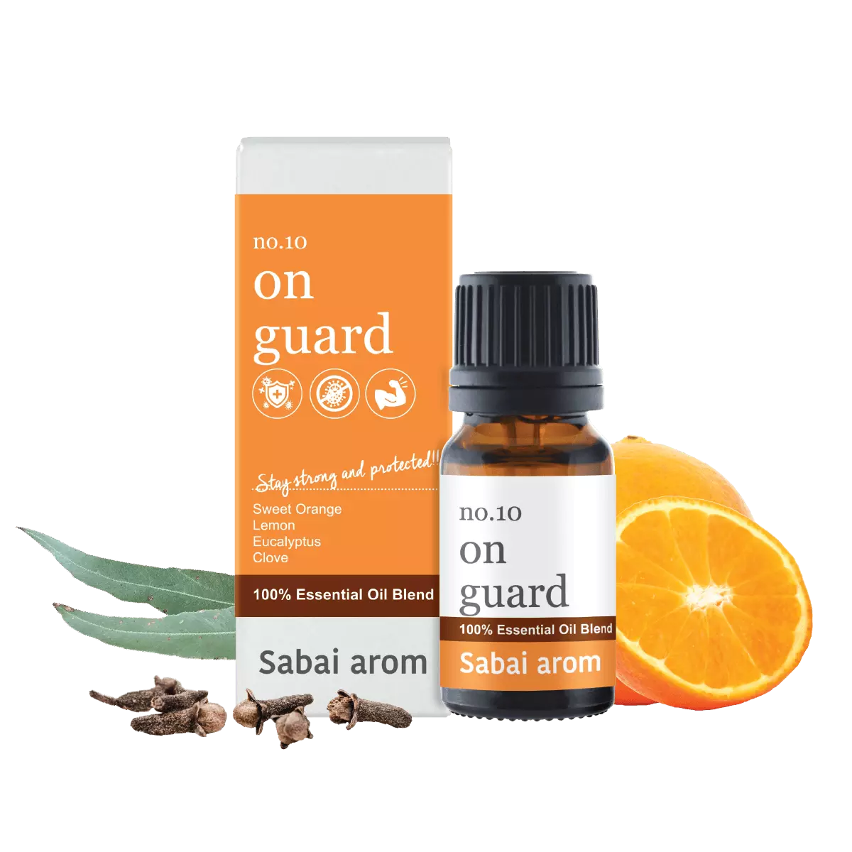 essential oil no10 on guard On Guard employs the protective power of Clove, Sweet Orange, Lemon and Eucalyptus to shield you from environmental threats be it pollution, bad smells, viruses and others, while boosting your immune to be strong and thick. This blend is led by mild spiciness of Clove with herbaceous undertones, resembling the moment we are entering into a garden of countless herbs, where we basically feel secured and well protected. <strong>Scent</strong> : The contrastive combination of warming aroma of clove kisses the euphoric indentity of orange that somehow creates a perfect couple from differnt trait, making you feel warm at heart and safe in your own strenght.