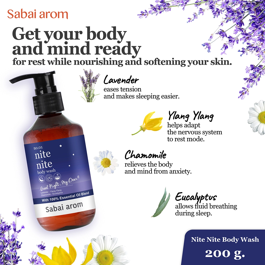 ezgif.com gif maker 19 <strong>SabaiArom Nite nite Body Wash 200 ml.</strong> Getting ready for long and quality sleep, this essential oil-based Body wash combines a super relaxing blend of Lavender, Ylang Ylang, Chamomile, Eucalyptus, Bergamot and Orange pure essential oils, that leave your body lovingly comforted and send you off to bed to enjoy your bedtime the night away.