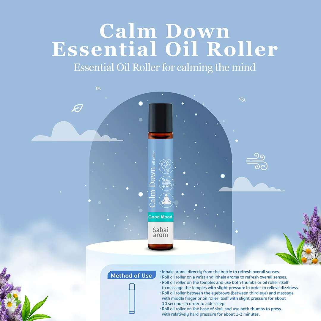 1 1 No.11 Calm Down Oil Roller 8ml. Relaxation. Provides an aromatherapy or healing scent for the mind. Scent from 100% Pure Essential Oils. 100% Pure Essential Oils, You can use anytime you want to relax. Relax the mind with the pure essential oil properties of rose geranium, lavender, cedarwood, lemon and chamomile as a super blend. It will impart the relaxing properties of aromatherapy. Calms the mind, reduces restlessness, relieves irritability and relaxes the body and mind.