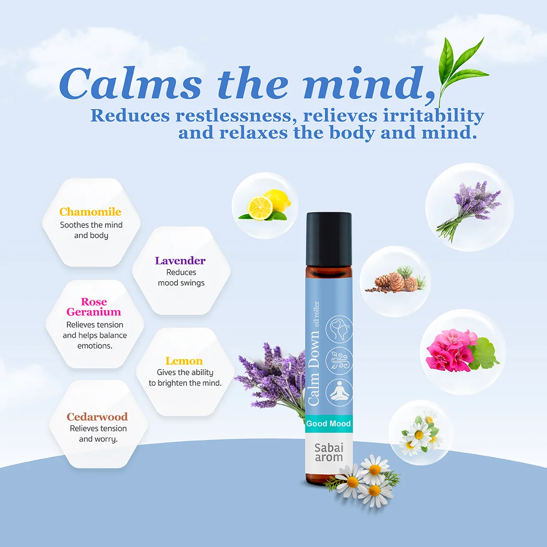 2 1 No.11 Calm Down Oil Roller 8ml. Relaxation. Provides an aromatherapy or healing scent for the mind. Scent from 100% Pure Essential Oils. 100% Pure Essential Oils, You can use anytime you want to relax. Relax the mind with the pure essential oil properties of rose geranium, lavender, cedarwood, lemon and chamomile as a super blend. It will impart the relaxing properties of aromatherapy. Calms the mind, reduces restlessness, relieves irritability and relaxes the body and mind.