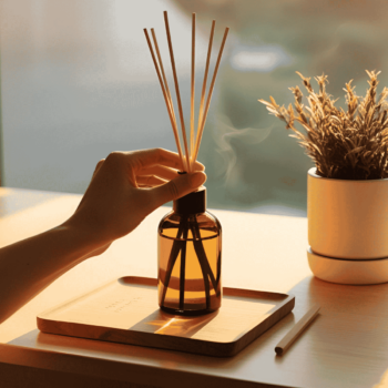 Hand placing reeds into a glass diffuser on a table showing how reed diffusers work