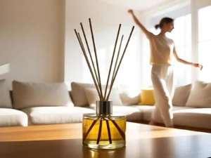 ก้านไม้หอมเพื่อปรับอากาศแบบธรรมชาติ วางตกแต่งในห้องนั่งเล่นบนโต๊ะ