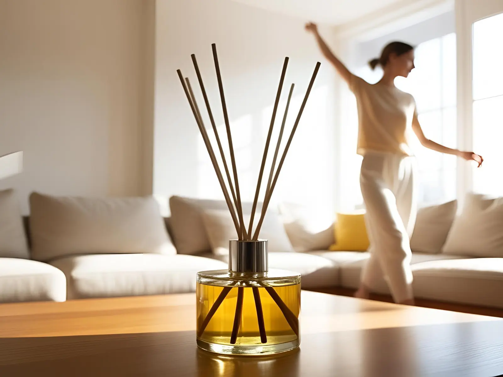 ก้านไม้หอมเพื่อปรับอากาศแบบธรรมชาติ วางตกแต่งในห้องนั่งเล่นบนโต๊ะ